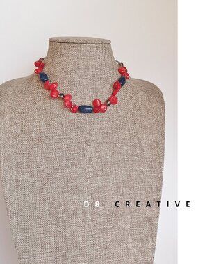 New red coral with lapis lazuli and quartz sterling silver choker necklace